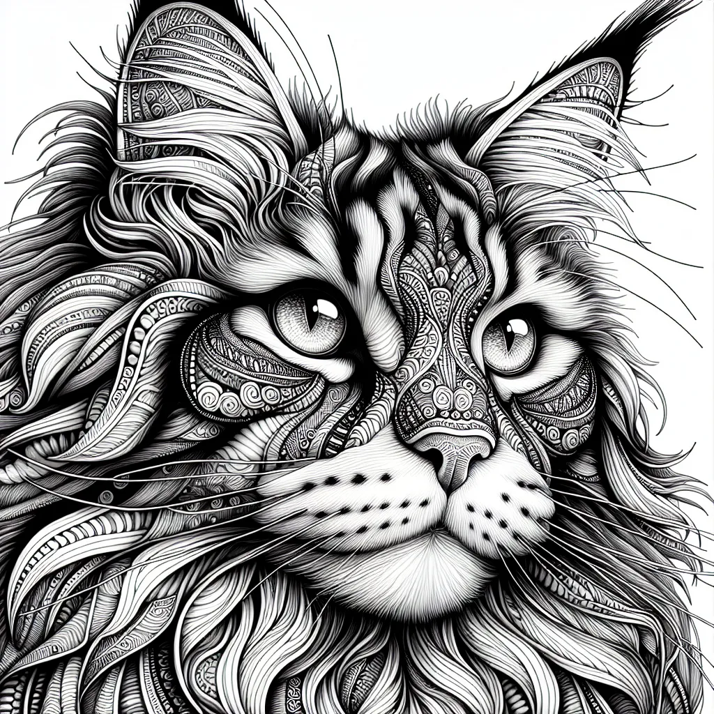 Prompt: Zentangle face of a Maine Coon cat's Head and shoulders, black and white, intricate patterns, adult coloring book style, high quality, detailed lines, artistic, intricate, monochrome, balanced shading, zentangle art, fine details, expressive eyes, majestic mane, captivating, intricate patterns, intense, meditative