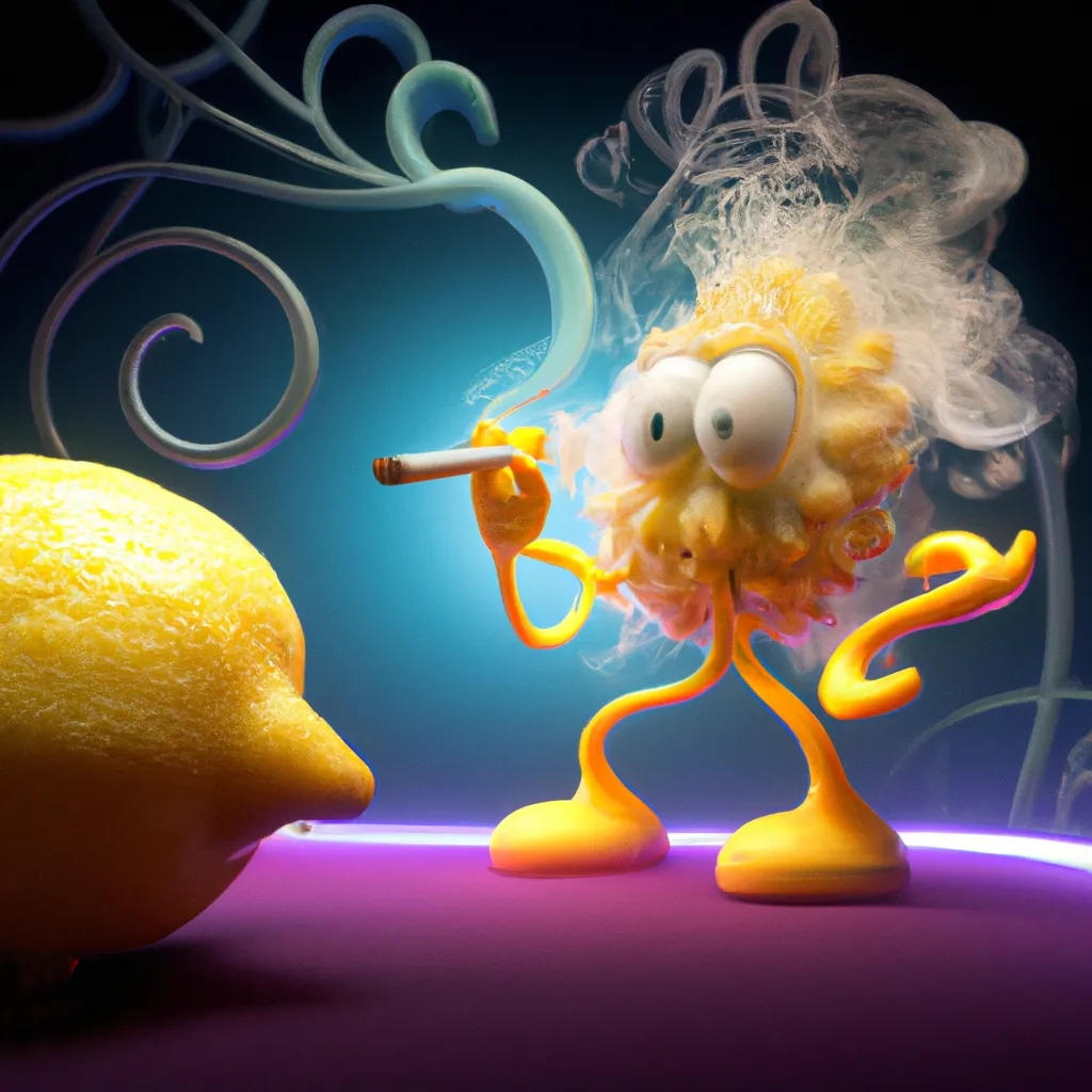 Prompt: silly lemon character tasting a sour lemon slice, crispy and soft details, smoke render by dale chihuly and jeff koons