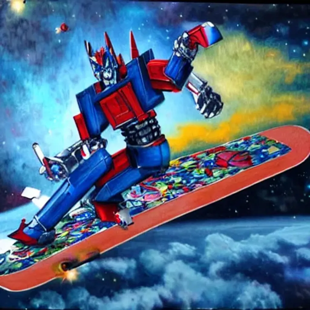 Prompt: optimus prime on a skateboard in space
