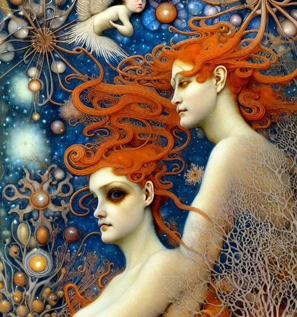 Prompt: (( woman cherub shapeshifter by Daniel Merriam, Merritt Chase, Singer Sargent )) (caracal-Influence) indigo cream burnt-orange, pine gold photorealistic eyes, beautiful face, impeccable skin details, very healthy, galaxy hair, glowing translucent fractal ((snowflakes)) by ((Ernst Haeckel, John Berkey)) background theme (murmuration of icicles) made of shining translucent silicone, high index of refraction, bioluminescent (fractal spray of droplets) by ((David Hockney, Howard David Johnson)) airbrush, acrylic on paper, smokey sky, fBm clouds, sunlight and shadows,  cinematic, ultra realistic, sense of high spirits, global illumination, volumetric fog,  volumetric lighting, occlusion, Poser 128K UHD fractal, pi, fBm