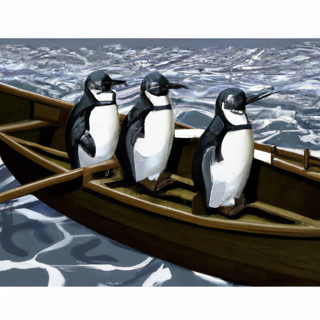 Prompt: Three penguins rowing in a Boat on the River Thames, hyper realistic, metallic