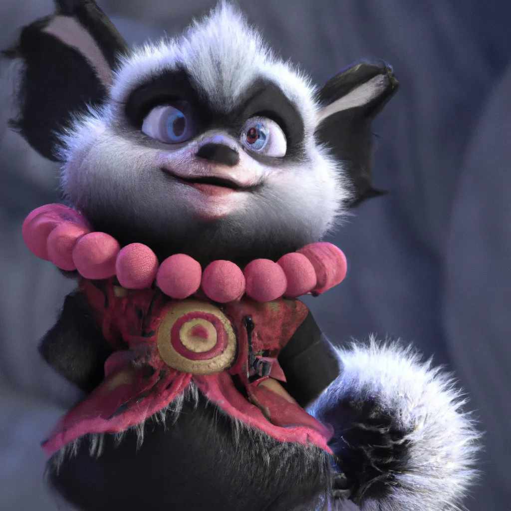 Prompt: Pixar style, tiny cute and adorable fluffy female skunk  dressed in fantasy clothes, fantasy outfit, fantasy dress, small, anthropomorphic ,adventurer, dramatic lighting, 8k, portrait, cartoon, fine details, 3d render, cinematic ,intricate details, cinematic lighting, cute, mascot, main character, adventure, dungeons and dragons, 8k, fluffy!, tsaoshin, pixar movie key visual, fantasy, DnD, adorable!, big eyes, animated, disney