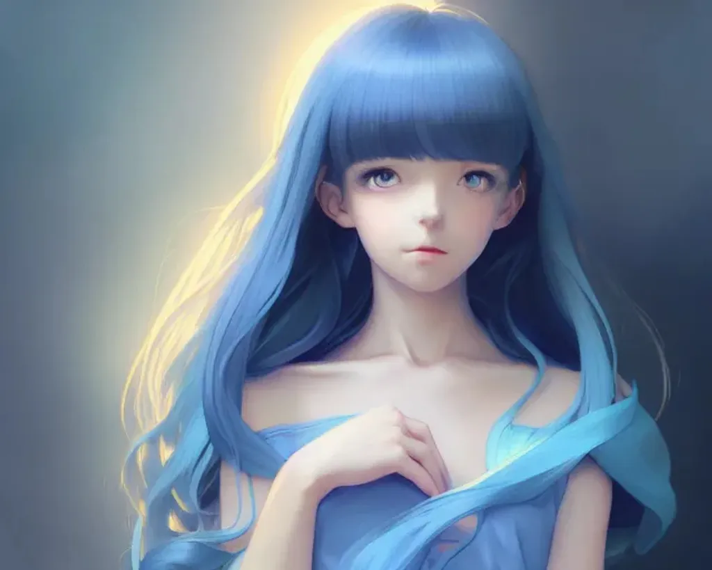 Prompt: Full body art of a girl with blue hear and pretty summer dress,smooth soft skin, big dreamy eyes, beautiful intricate colored hair, symmetrical, anime wide eyes, soft lighting, detailed face, by makoto shinkai, stanley artgerm lau, wlop, rossdraws, concept art, digital painting, looking into camera