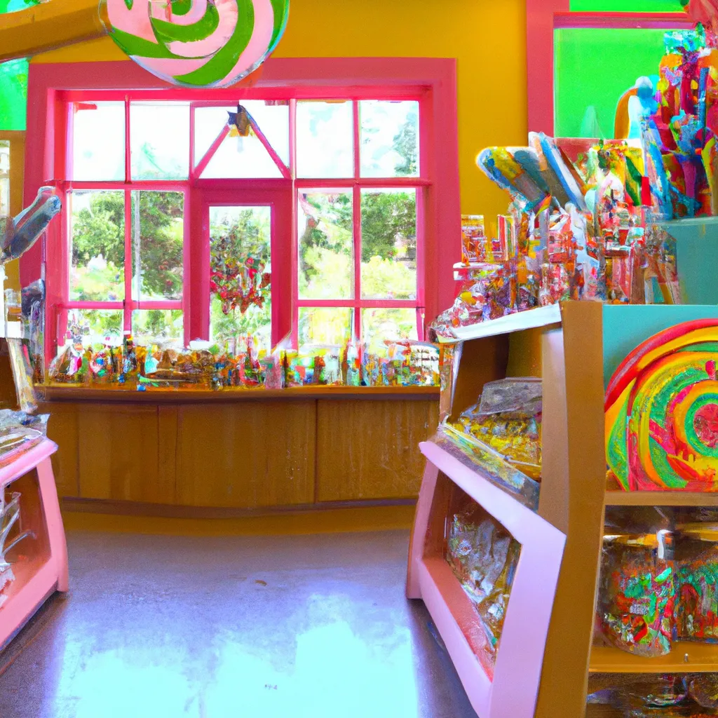 Prompt: inside of a bright, colorful candy shop in a beautiful, national park. The candy shop is full of cotton candy, bubblegum, lollipops, pixie sticks, and candy bars. Large window facing the forest. Lo-Fi, Anime, HD, 8k, 4k, High Resolution. 