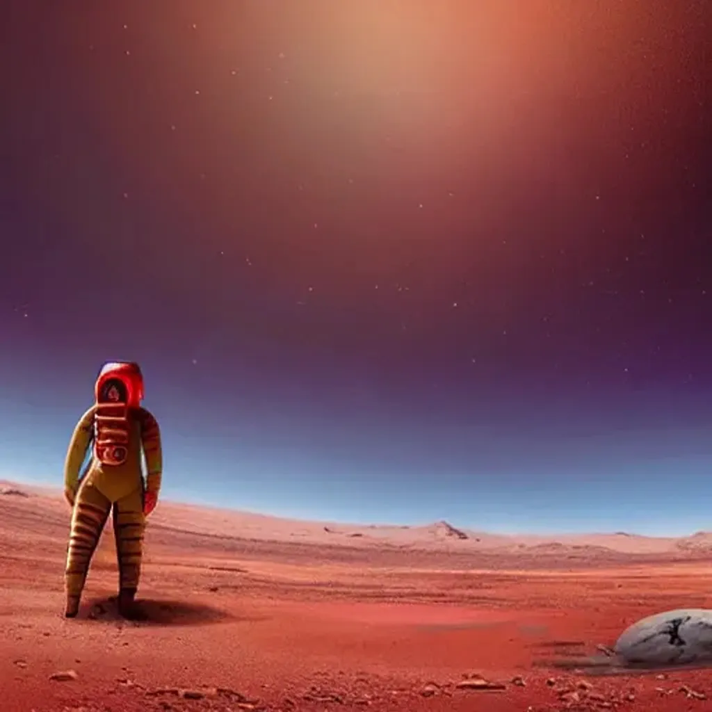 Prompt: A lone curvy female astronaut in an abandoned oasis on mars, bright, colorful, landscape 