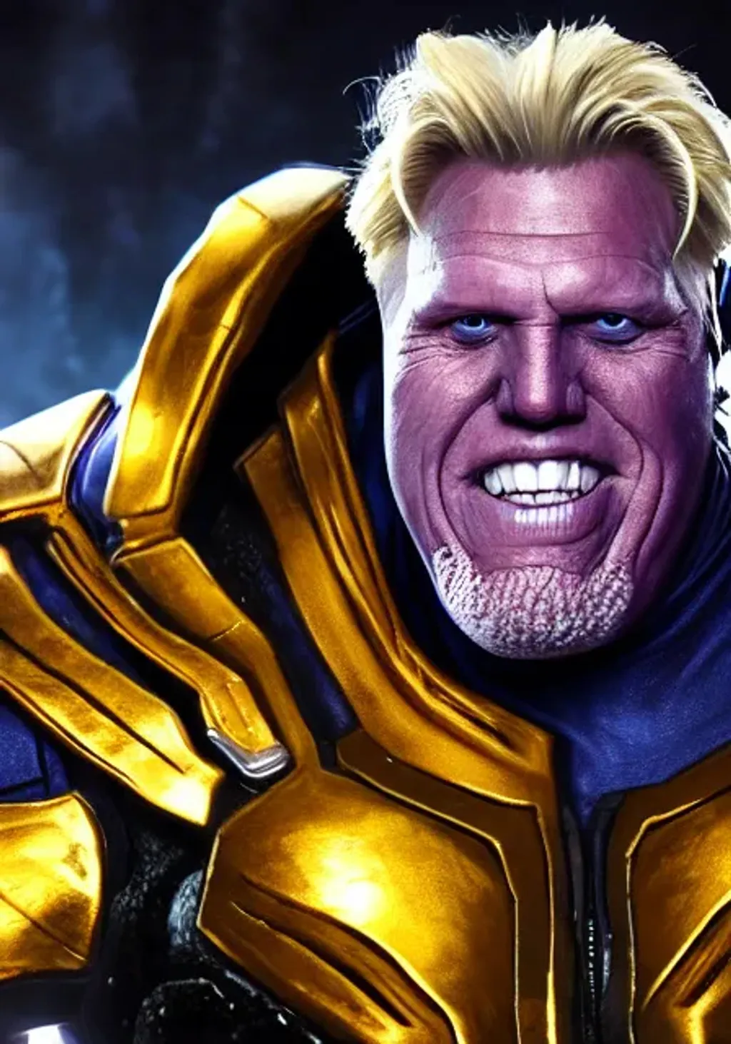 Prompt: Gary busey as Thanos, with jewelry, character art, hyperdetailed, frostbite 3 engine, cryengine, dof, trending on art station 
