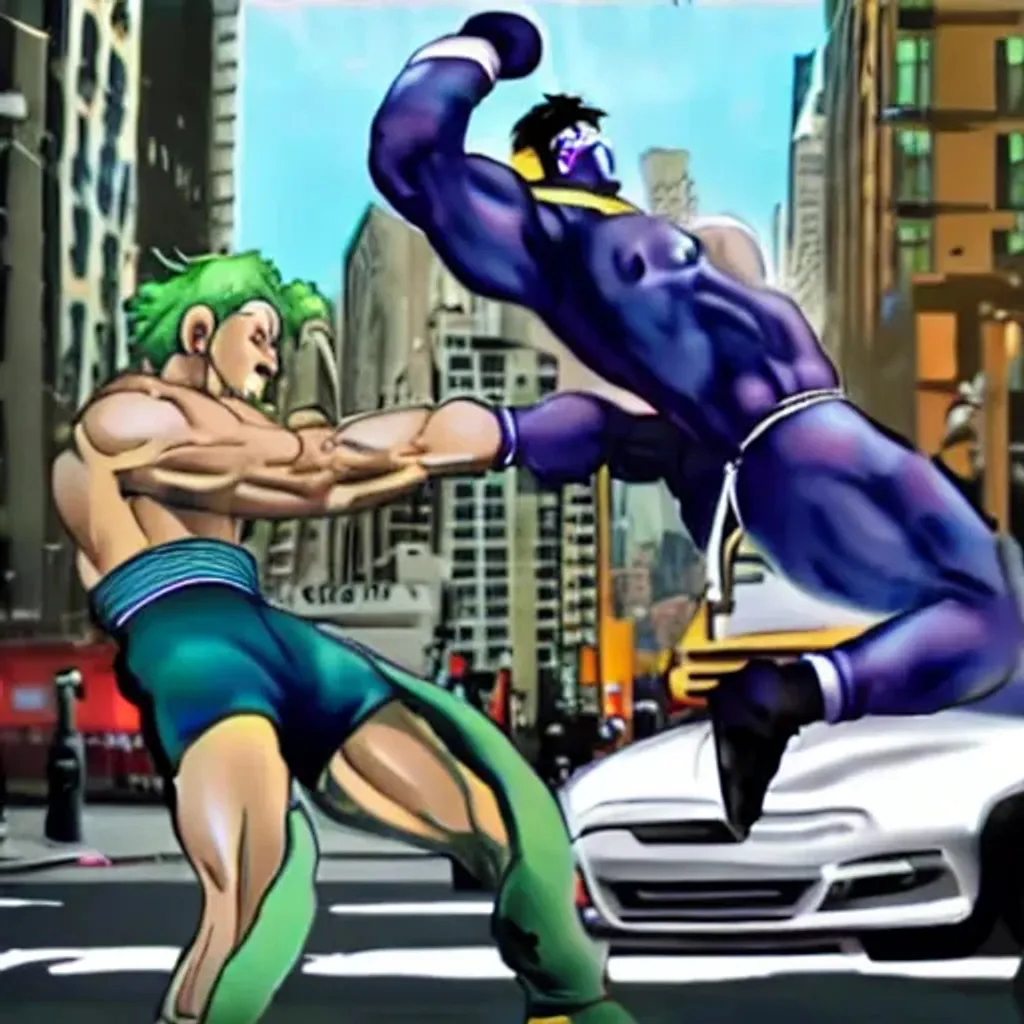 Prompt: star platinum punching diver in new York city on top of a car hyper realistic 4k HD