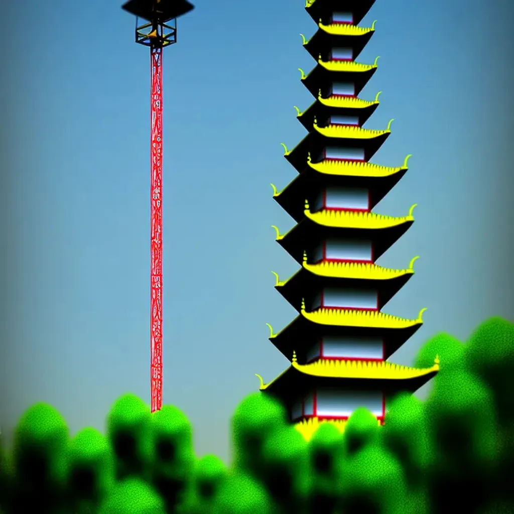 Prompt: A cellular tower is disguised as a pagoda, photograph, realistic, hyper detailed, mild bloom effect, cinematic lighting