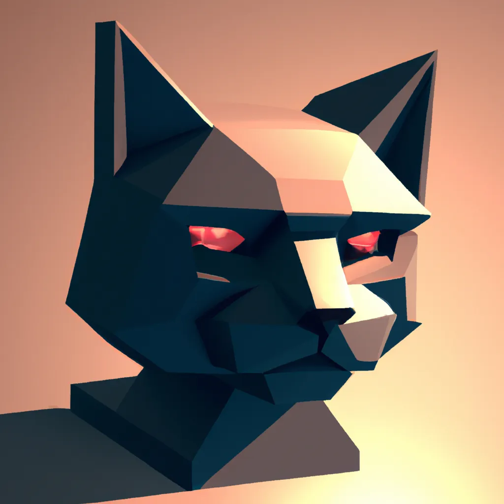 Prompt: low-poly statue of the head of a cat, with long eyelashes. warm and cool lighting. brutalist, soviet, imposing