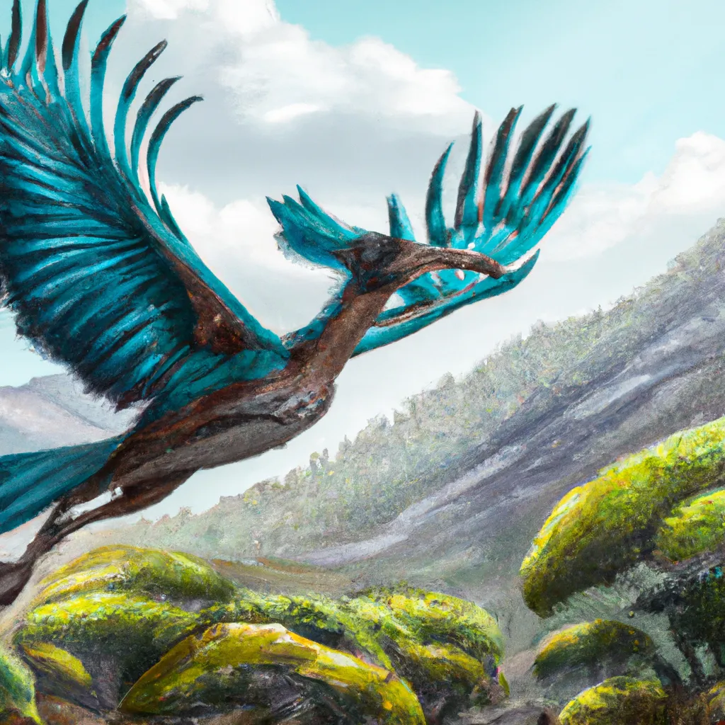 Prompt: The giant Archaeopteryx Corvid Steller's Jay chimera from the pre-historic era. flying dinosaur is in its habitat. Full shot, Long shot, speculative evolution. Highly realistic accurate anatomical illustration, transitional features with birds, amazing colors and patterns on its feathers, hyperrealistic , amazing lighting