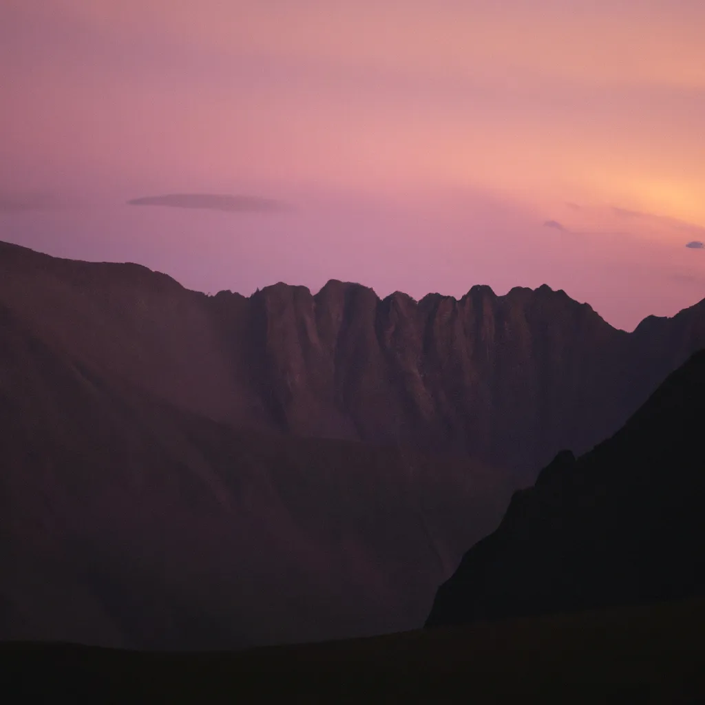 Prompt: Beautiful mountain range. early in the morning. cinematic. cirrus clouds. landscape photography. early purple sky