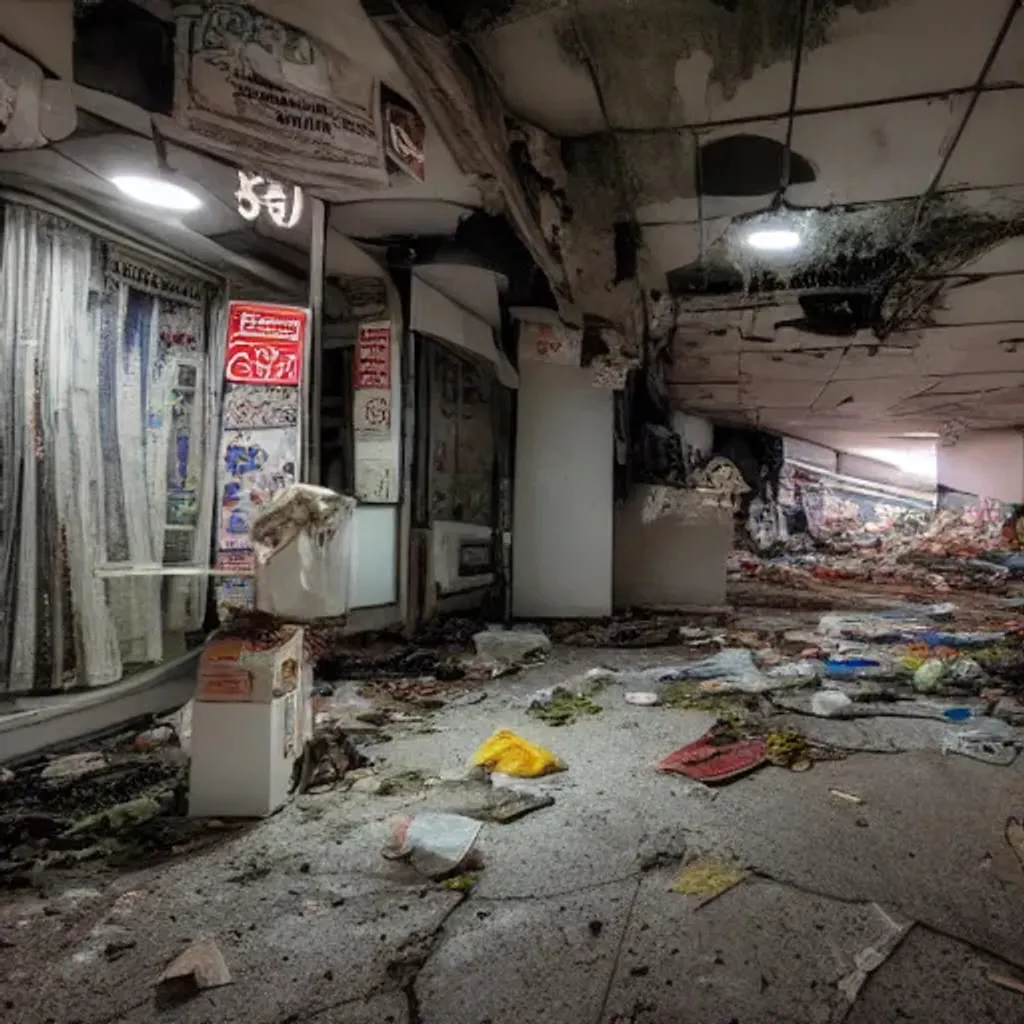 Prompt: abandoned south korea store at night with garbage on floor, creepy liminal space