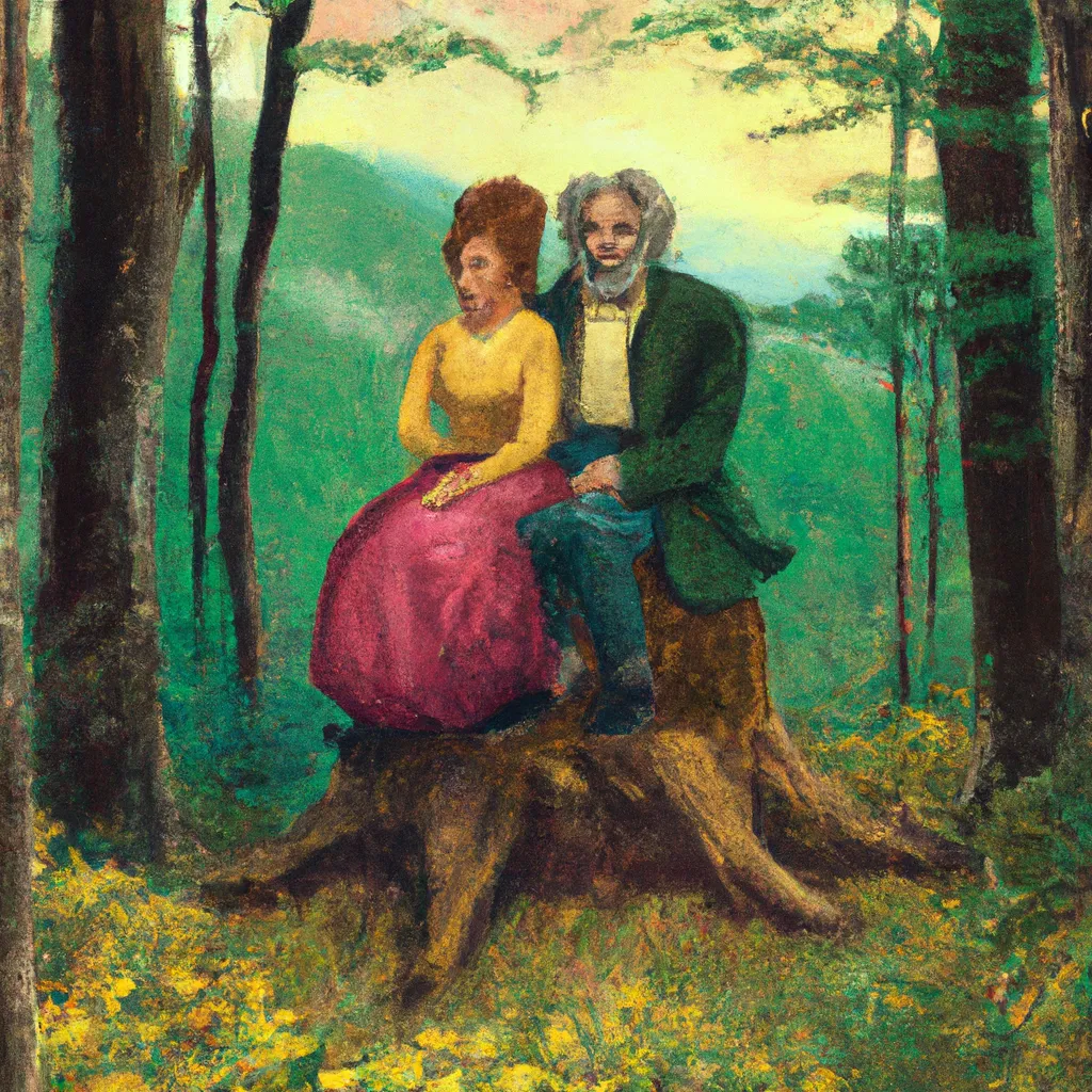 Prompt: An old married couple sitting on tree stumps in the forest, fauvism, Wiliam-August Bouguereau, Gustave Corbet, Bob Ross, Thrift store style