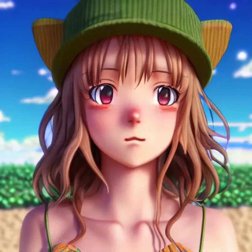 Prompt: Render of a cute 3d anime girl, stardew valley farm girl, long bronze brown hair, green eyes, cute freckles, full round face, soft smile, cute sundress, golden hour, serene beach setting, medium shot, mid-shot, hyperdetailed, cute blushing face, Unreal Engine 4k