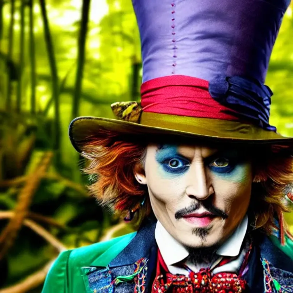 Prompt: Johnny Depp as Mad-Hatter, High Definition, Futuristic Colors, 16K Rendering, Sharp Focus, Alice-In-Wonderland Theme Mystic Dense Jungle. HDR, Natural Light, Smooth Edges. 