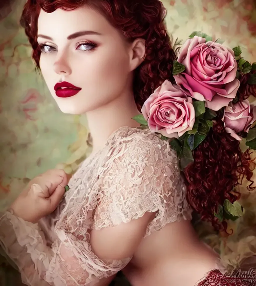 Prompt: Realistic close-up portrait, head and shoulders only of a gorgeous young girl with a perfect nose emerald green eyes plumb burgundy lips long curly auburn hair beautiful lace victorian style dress seated on a marble bench in a rose garden, artgerm, award-winning cgi 
