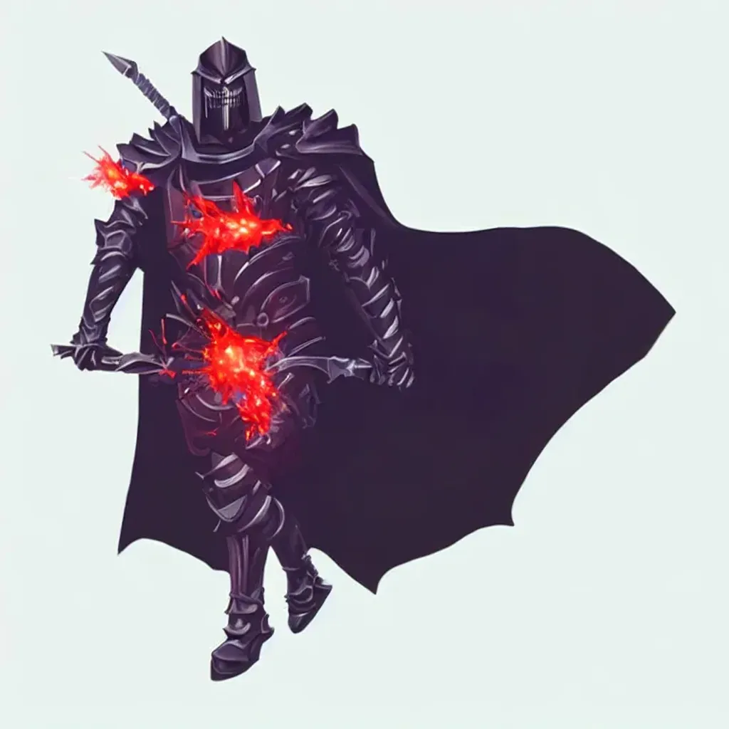 Prompt: he is a menacing  black-knight-esque imposing villain, warriors clad head to toe in glossy black armor. When struck, they emit sparks and partially explode. They serve Skeletor and form the majority of his forces. They come in three distinct types: Warlord, the leaders, who wear long black and red caps