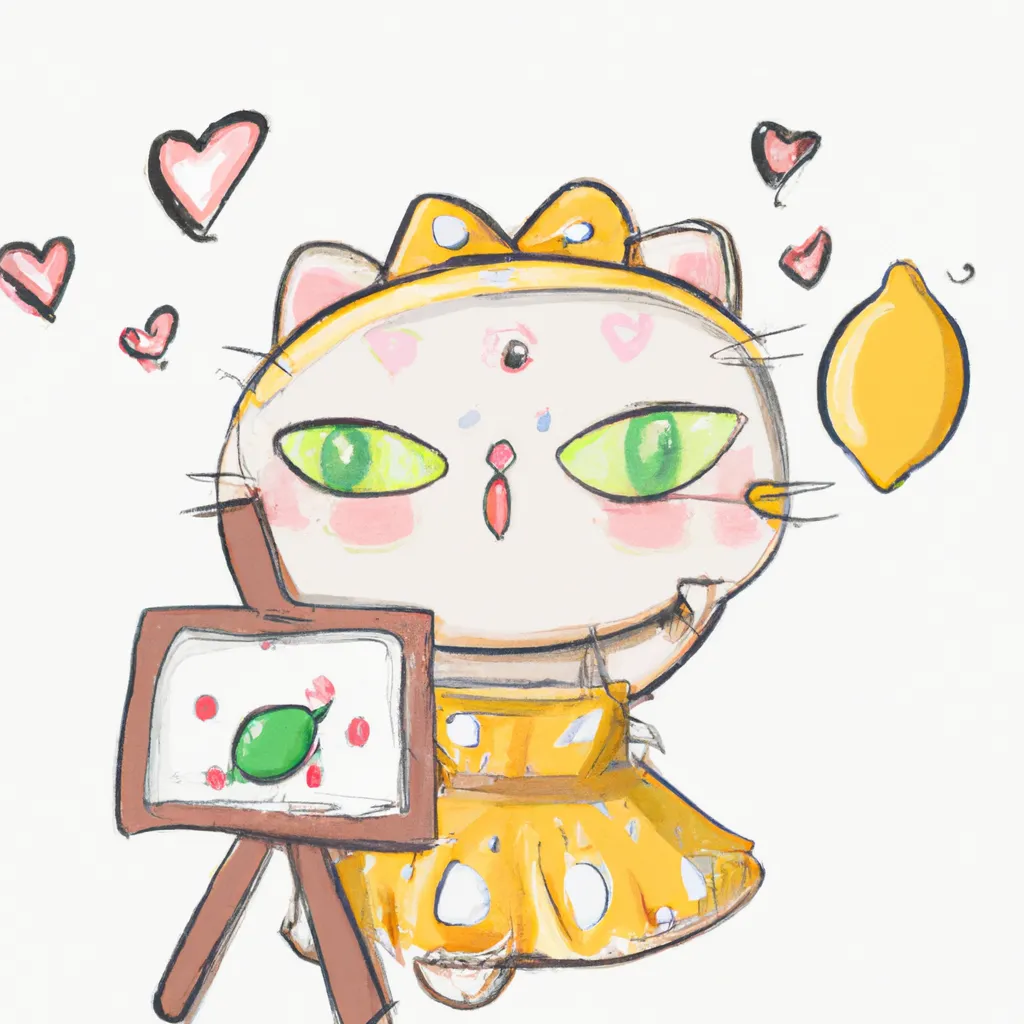 Prompt: Cute lemon cat girl  with kawaii face wearing a love lemon dress with lemon berets is painting  me on a painting board 