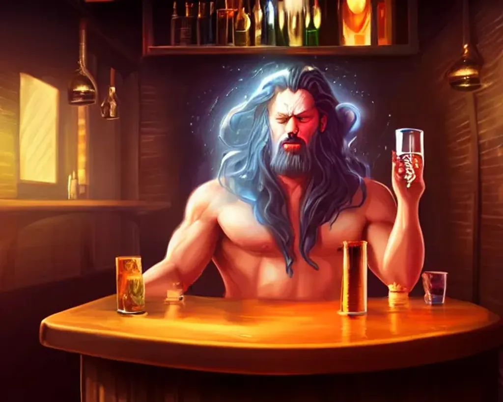 Prompt: A all powerful magic god drinking in a bar while magic flows out of him, concept art, digital painting, looking into camera,hyper realistic 