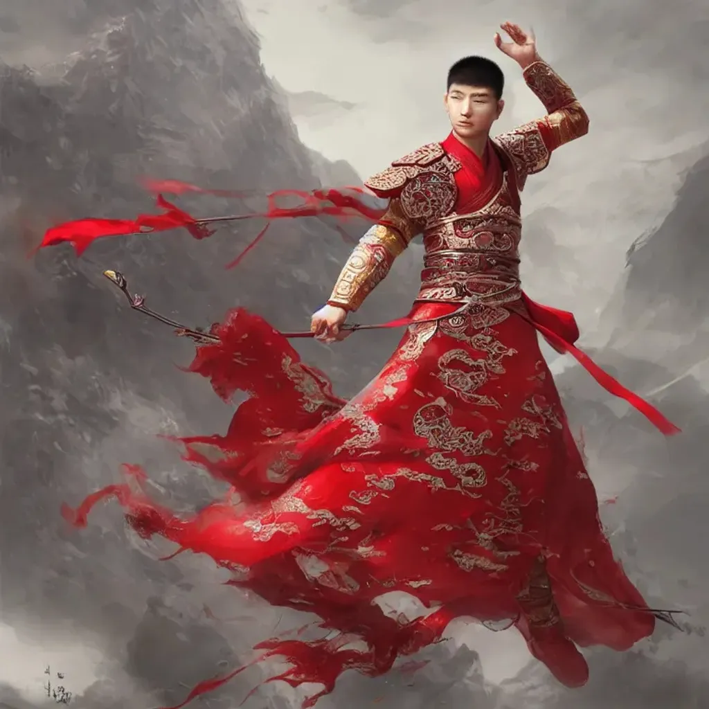 Prompt: a strong handsome chinese young warrior monk with danfeng eyes, fair complexion, straight nose, thin lips, delicate eyebrows, elegant, wears hanfu embroidered with red dragons, intricate detail, epic, cinematic, martial arts, xianxia, wuxia, conrad roset, greg rutkowski, flume cover art, trending on artstation