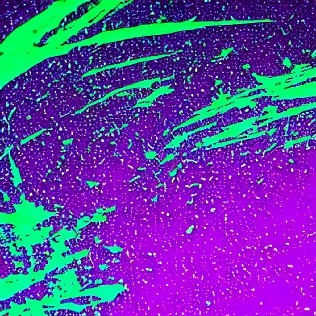 Prompt: bright neon purple, ambiguous splashed on green Dark Matter.
