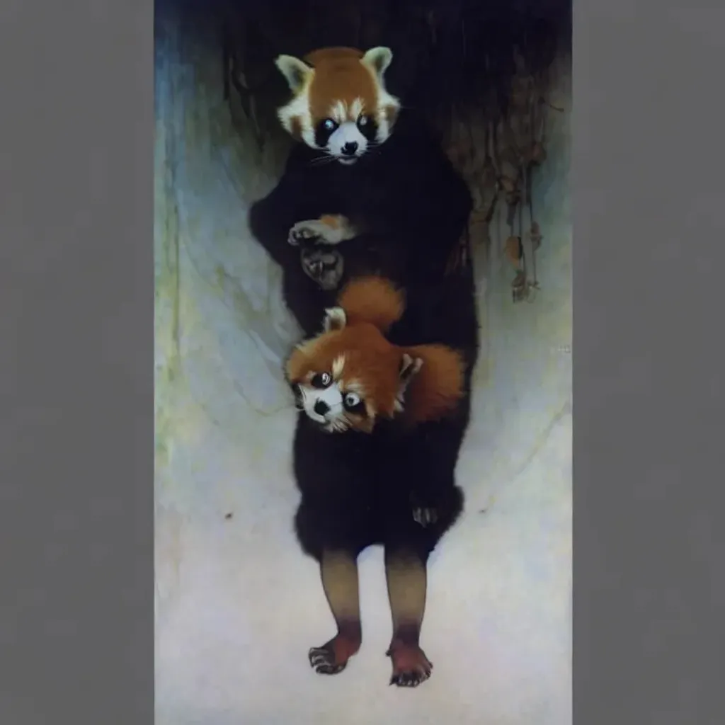 Prompt: a red panda standig holding the world, symmetrical face, yellow eyes, strong jawline, pale skin, freckles, detailed face, dark atmosphere, castle, ruined buildings, attractive, HDRI, masterpiece, smooth, sharp focus, illustration, golden ratio, dark robes, jewels, garden, art by Alan Lee Albrecht Durer alphonse mucha klimt