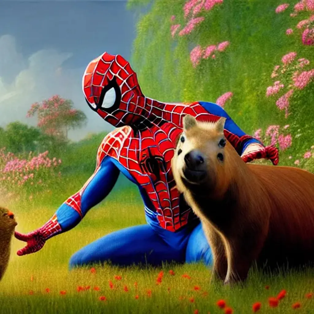 Prompt: spiderman petting a capybara creature from a neon alien planet, surrounded by flowers, by Caspar David Friedrich, matte painting trending on artstation HQ