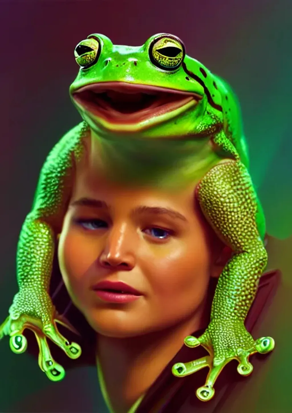 Prompt: Portrait of an anthropomorphic frog, it looks like jennifer lawrence, neon background, cgi, perfect composition, hyperrealistic, super detailed, 8k, high quality, trending art, trending on artstation, sharp focus, studio photo, intricate details, highly detailed, by greg rutkowski