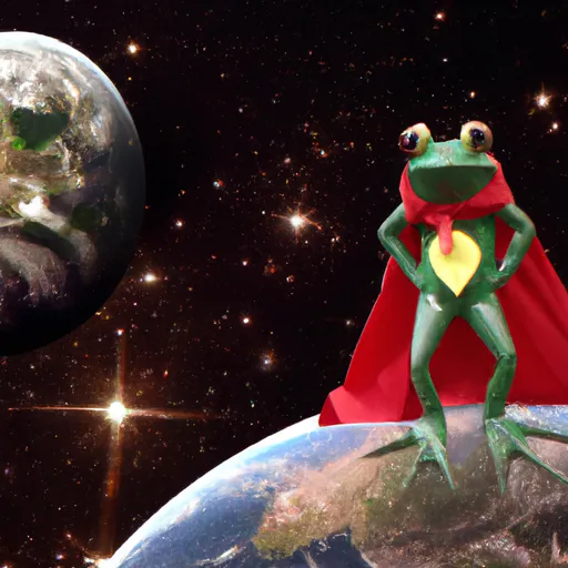 Prompt: In the style of a portrait, a superhero frog wearing a red cape standing on the moon surrounded by Stars, Galaxy,looking down to earth.4k ,art, vivid mystery space