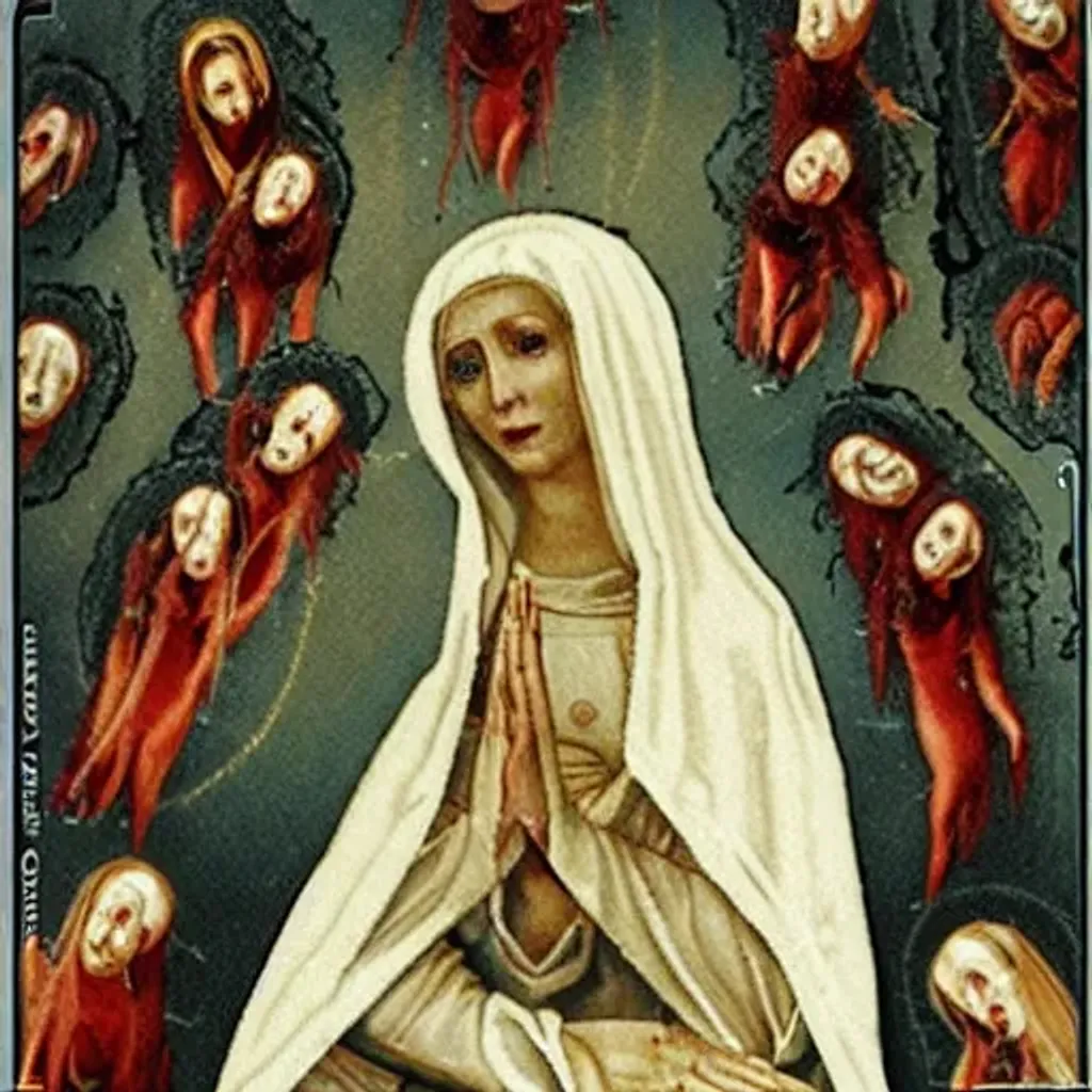 Prompt: horror woman virgin mary jesus maggots 