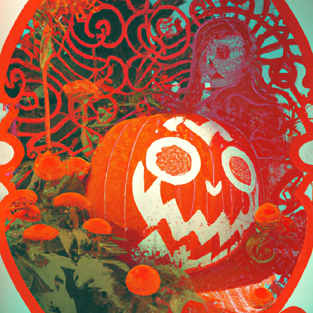 Prompt: Ukiyo-e comic book styled vintage risograph of a lit Dia de Los muertos Jack-o'-lantern wearing a witch hat,red spider lilies bloomin,bubbles,eclipse,4K,moody,award winning, trending on art station,goofy funny spooky scary mysterious halloween horror vibe, intricate details,digital art,incredible design,emotive,unreal engine 5 render,octane render,dia de Los muertos 