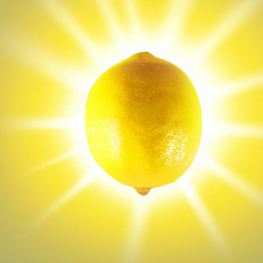 Prompt: The Sun Photo Realistic Ultra 3-D Very yellow Lemon, Huge beams of light shining from it. 