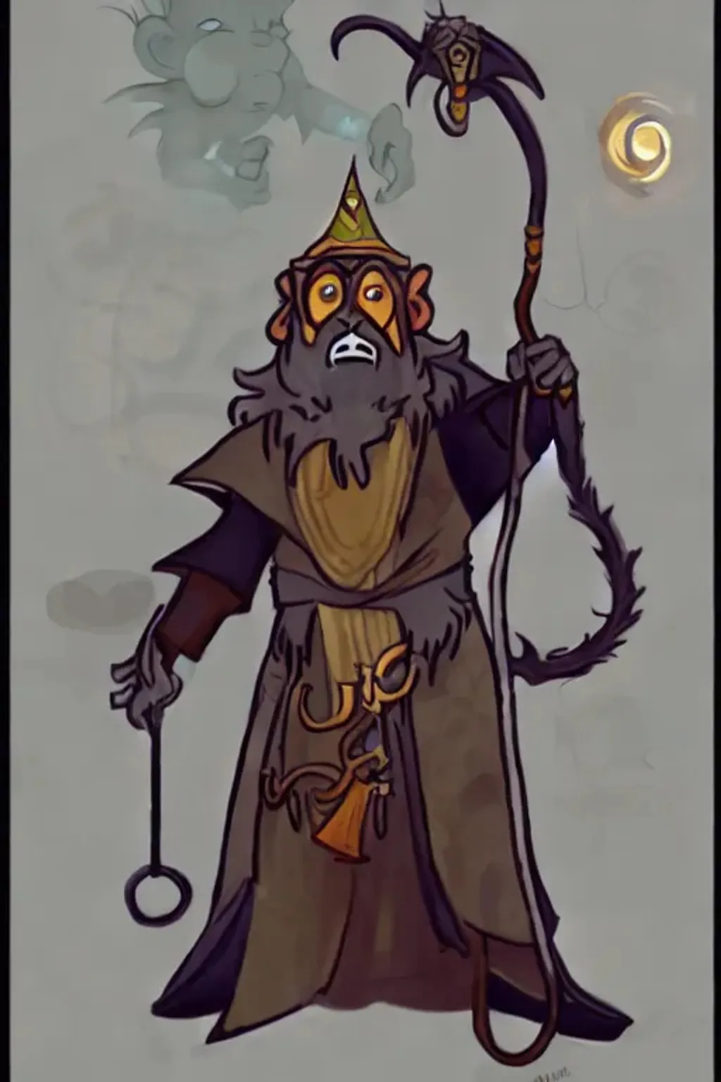 Prompt: Full Body  concept Art of a wizard with a monkey mask and a magic staff in the style of  fantasy by Dave Melvin