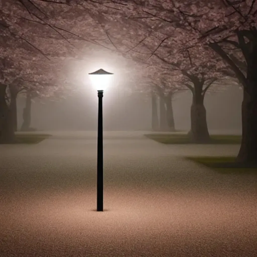 Prompt: low poly cherry blossom tree in the fog at night, with a street lamp, soft colors, liminal space