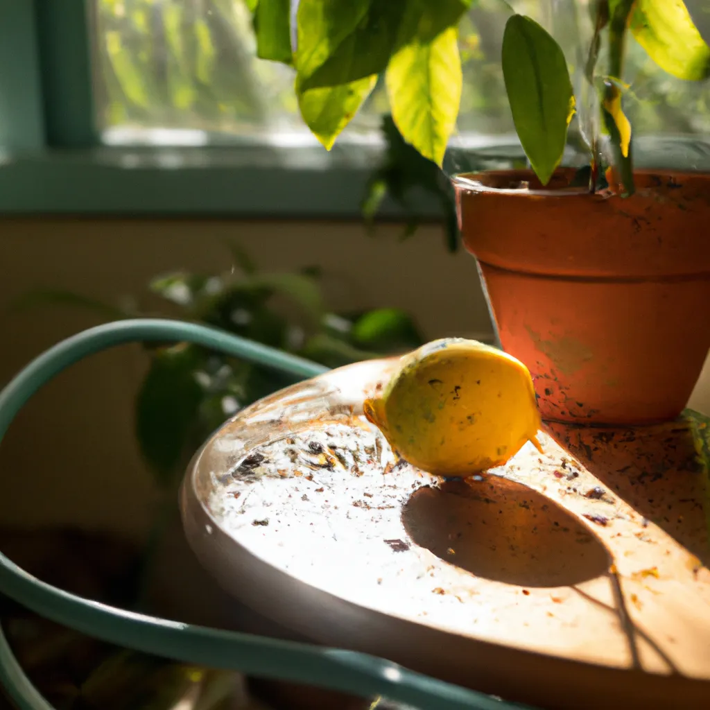 Prompt: A lemon has fallen from a potted citrus tree. The pot is on a table inside of a greenhouse conservatory. Sunlight is streaming through the window. 