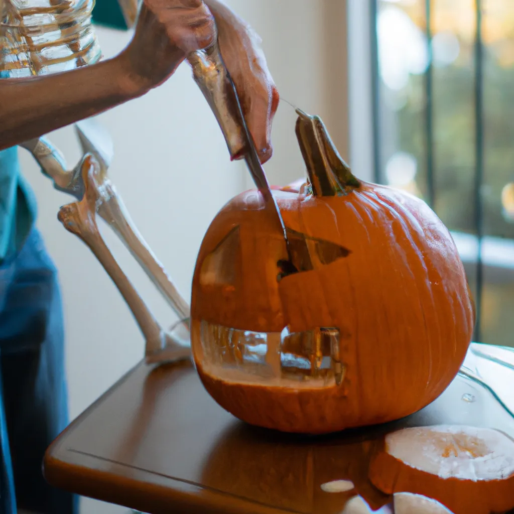 Prompt: A photo of a skeleton carving a pumpkin