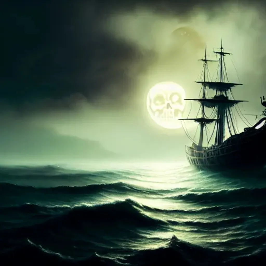 Prompt: A beautiful painting moon showing (((skull and crossbones))), decrepit pirate ghost ship, bow breaking through heavy eerie thick misty fog, surrounding the ship, thick clouds, closeup, by greg rutkowski and makoto shinkai, artstation, studio ghibli, vivid color, wlop,  volumetric lighting, octane render, 8k resolution, masterpiece