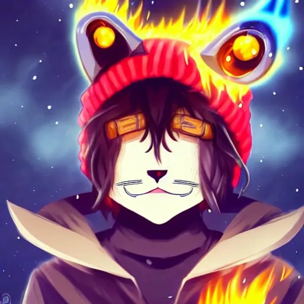 Prompt: A cool Anime character, half cat half minotaur with blue eyes wearing a beanie, wrapped around with fire at a concert stage, a character portrait by Andrei Kolkoutine, Artstation, sots art, 3d game art, quantum wavetracing, dark and mysterious