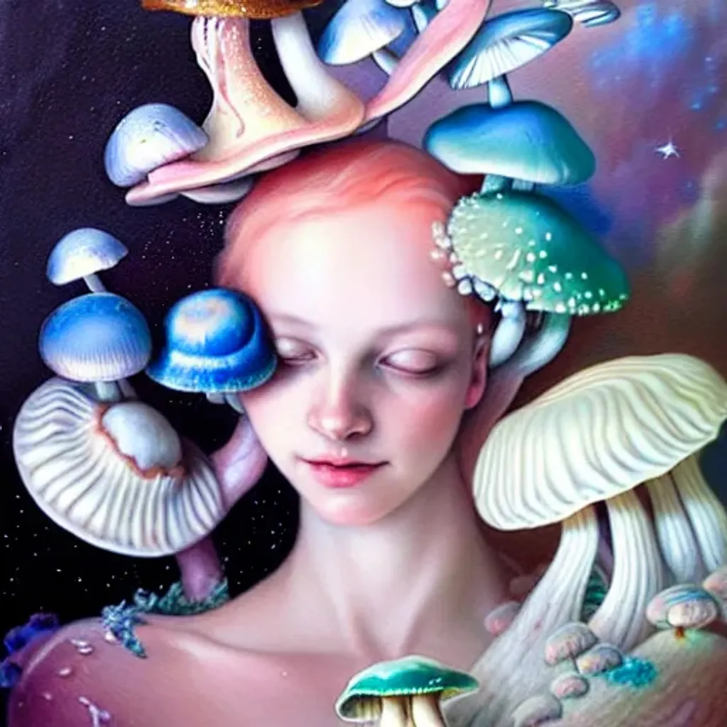 Prompt: Pastel rococo painting by Ryan Hewett, A Beautiful mushroom fairy, detailed eyes, realistic features, underwater, hq, fungi, celestial, moon, galaxy, stars, victo ngai, fungi, celestial, Ryan Hewett 