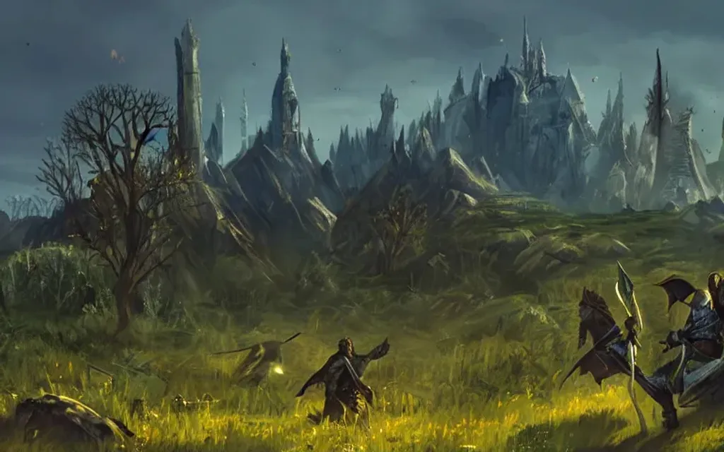 Prompt: landscape, video games, elder scrolls, morrowind, blades, swords, fantasy, fields, trees, skyline, blue sky, bright blue, bright green, battle, warriors, mages, orcs, fantasy city in the distance, day time, bright, 80s dark fantasy film, 80s dark medieval film, 80s fantasy film, 80s medieval film, fantasy village, fantasy castle, fantasy stronghold, fantasy city, fantasy video game, townsfolk, dragons, tamriel, fantasy buildings, defined fantasy city, elder scrolls city, vvardenfell, volcano, red mountain, balmora, sedya neen, caldera, netch, bull netch, vivec, ebonheart, Hlaalu, Telvanni, Redoran, mournhold, cliff racer, dagoth ur, vivec city, giant mushroom trees