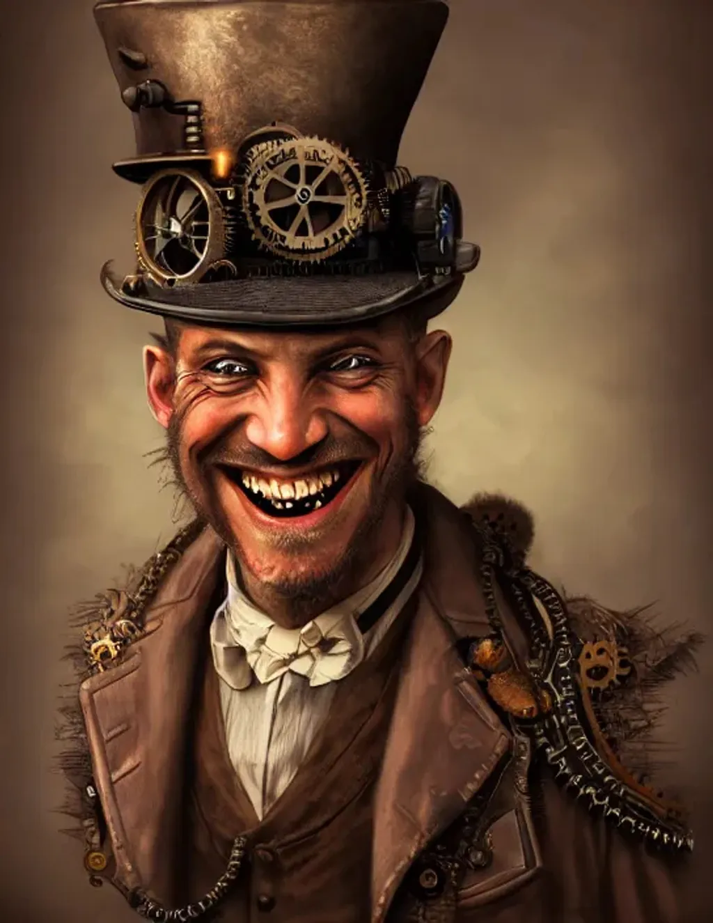 Prompt: Extremely detailed portrait of steampunk mad man with random hat with sadistic smile, extremely detailed steampunk street background , hyperrealistic , 8k, high quality, concept art, trending on artstation, sharp focus, studio photo, intricate details, hyper detailed