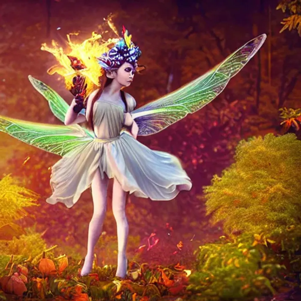Prompt: photorealistic image of a beautiful fairy princess, holding a skull staff, high definition, flaming wings, flying through an autumn colored garden