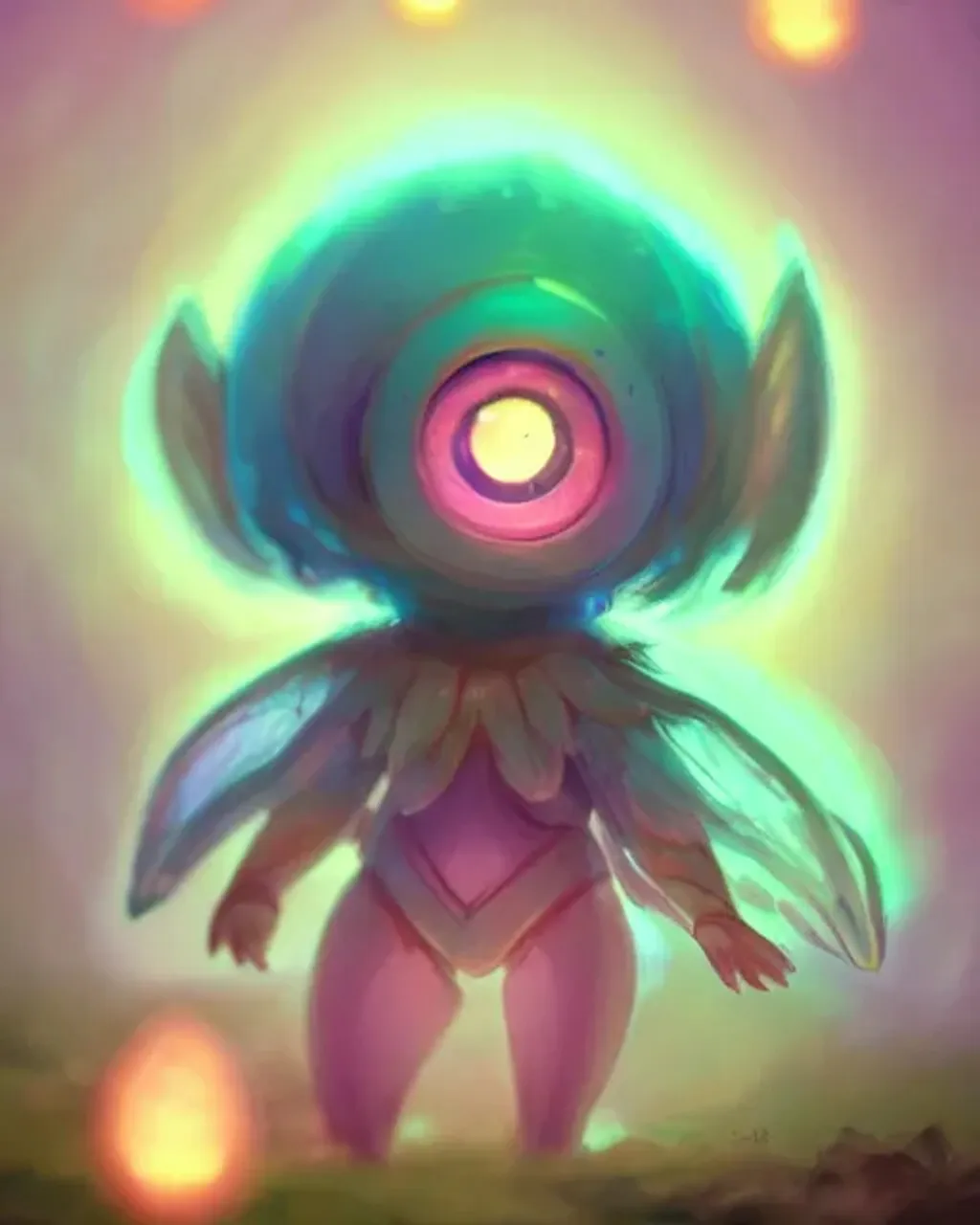 Prompt: concept character art for a cute fantasy creature made of mushrooms, large adorable anime eyes, centered, fantasy mushroom forest, bokeh effect, magical lighting, golden hour, lens flare, pastel pink glow, beautiful glowing lights, bio-luminescence, epic fantasy, fine art, clean, polished, trending on artstation, brush strokes, smooth, sharp focus,