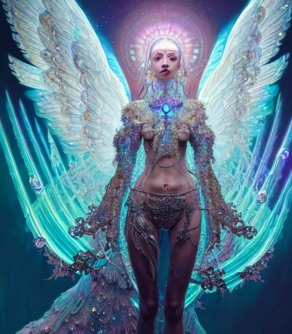 Prompt: Insanely detailed photograph of an elaborate and enigmatic "nebulous light crystal woman"; an intricate and hyperdetailed painting by Ismail Inceoglu, Huang Guangjian and Dan Witz; CGSociety, ZBrush Central, fantasy art, album cover art, sun rays, beautiful woman surrounded by beautiful white angelic ornate iridescent feathered wings, glowing rings of saturn aurround her, crystal sun rays, goddess, space