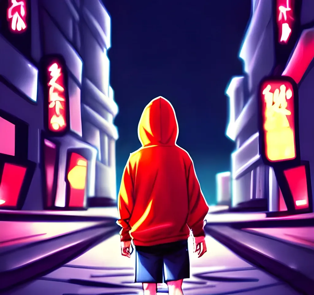 Prompt: Anime style, Boy with hoodie with Red Jordan 1 shoes walking in a futuristic city, Night, Wallpaper