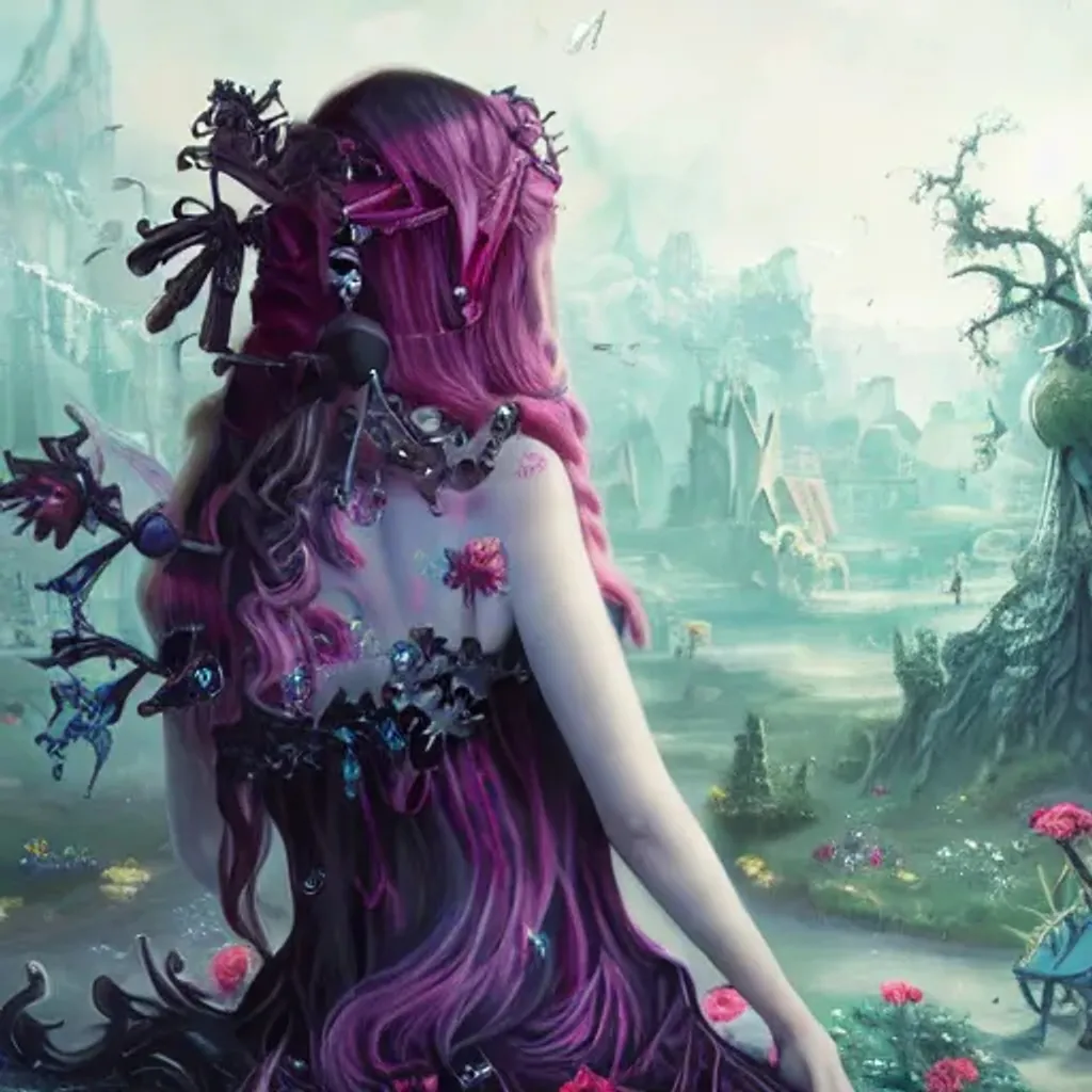 Prompt: goth girl seen from behind in a whimsy fairy land detailed matte painting, deep color, fantastical, intricate detail, splash screen, complementary colors, fantasy concept art, 8k resolution trending on Artstation Unreal Engine 5