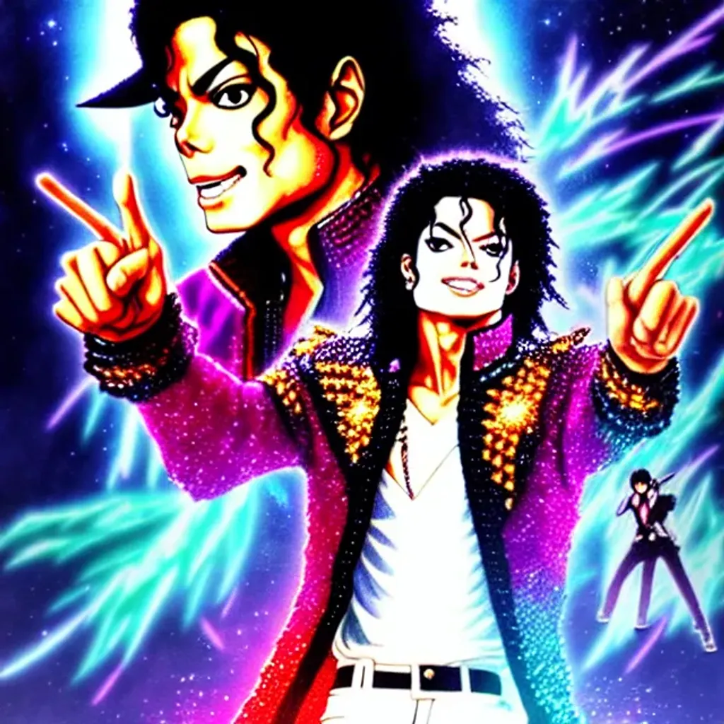 Prompt: HIStory Michael Jackson as an epic Shonen character, masterpiece musical artwork by hitapato whouak, smooth criminal, front lit, neon back lit, highly detailed art, rythm scene, sharp focus, smooth, 8k pixiv edgy, made of molten knitted sparkles