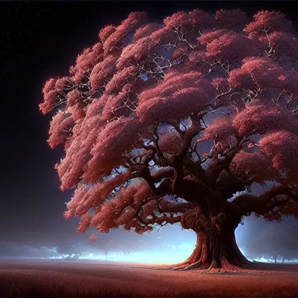 image of an oak tree, majestic, giant, night-time, d