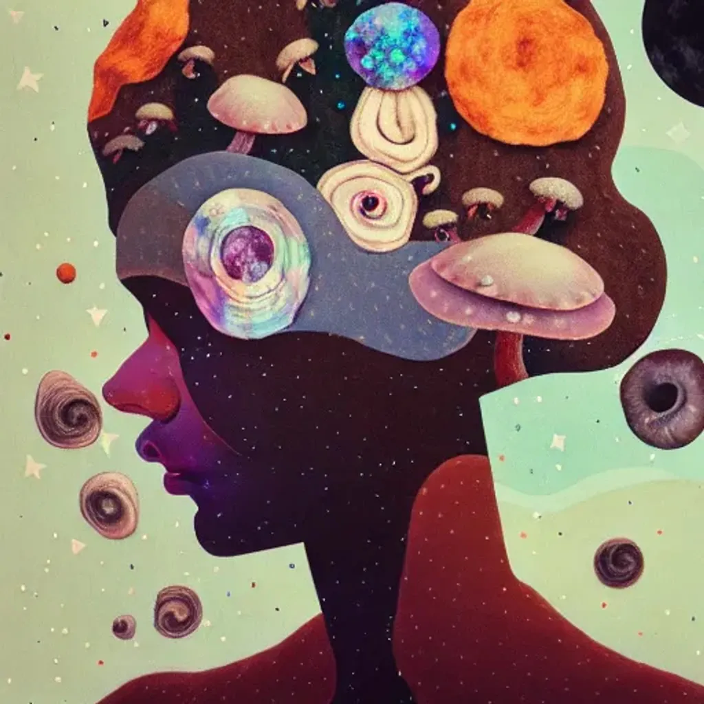 Prompt: Felt fabric portrait by Ryan Hewett, Beautiful woman with dark brown skin, mushrooms growing out of her hair, hq, fungi, celestial, portrait, victo ngai, moon mushrooms, galaxy, moon, stars 