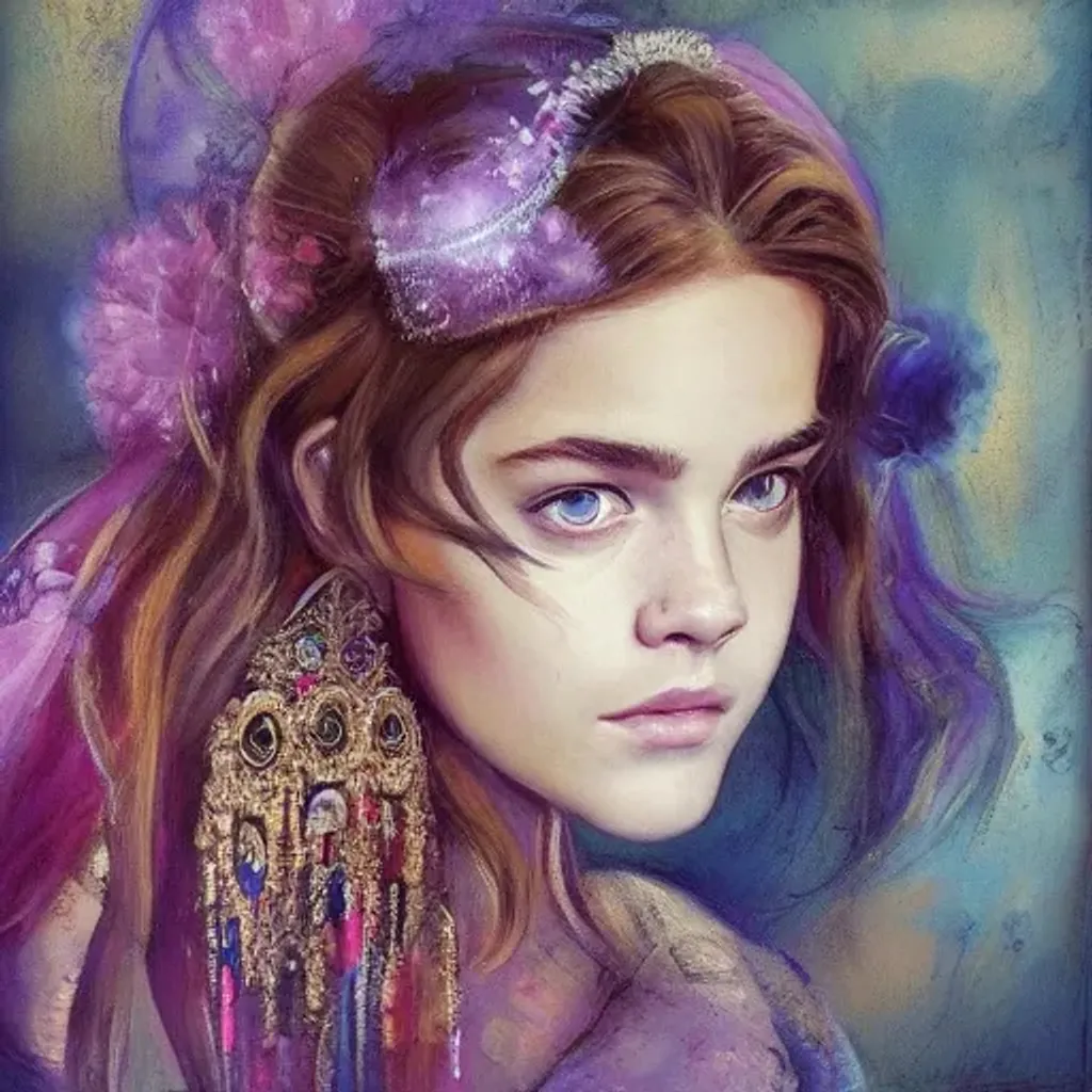 Prompt: Fayum's interesting portrait of a correctly proportioned mix of [Barbara Palvin, emma watson] with lots of delicate ornaments and ostentatious jewelry, beautiful girl short with blue eyes and short purple hair and bear ears, abstract and interesting surreal background in the style of Jeremy Mann, chalky white color scheme, dark color accents, foveon, highly detailed hyperrealistic 